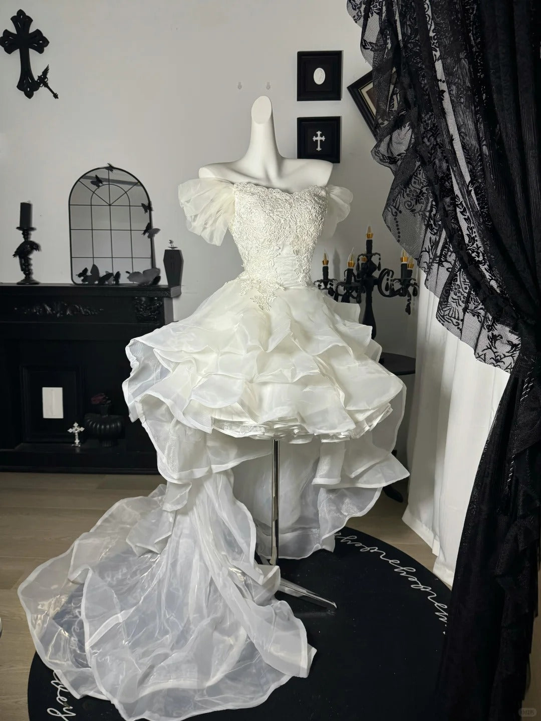 New Homecoming Dress Off the Shoulder Tulle Lace Hi-Lo Cascade Applique Back to School Outfits Party Dress Birthday Dress Wedding Dress D7671