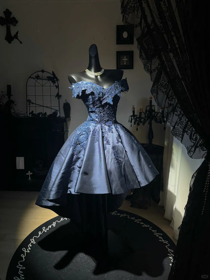 New Homecoming Dress Off the Shoulder Applique Bead Hi-Lo Back to School Outfits Party Dress Birthday Dress D7639