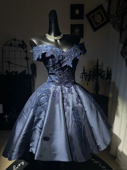 New Homecoming Dress Off the Shoulder Applique Bead Hi-Lo Back to School Outfits Party Dress Birthday Dress D7639
