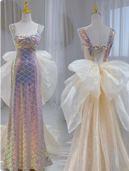 Robe de soirée longue sirène rose brillant à bretelles et paillettes MD7432