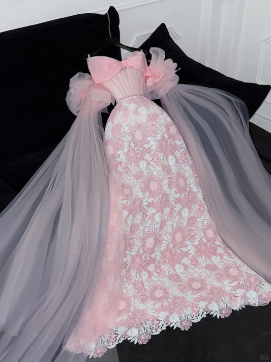 Vintage Pink Applique Bow Design A-Line Prom Dress Evening Dress D1688