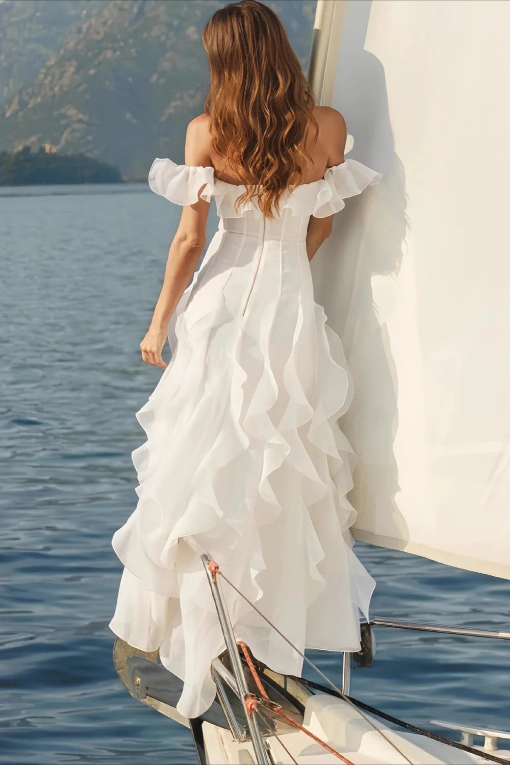Elegant Wedding Dress Off the Shoulder Pleated Flouncing A Line Cascade Wedding Dress Prom Dress D7232