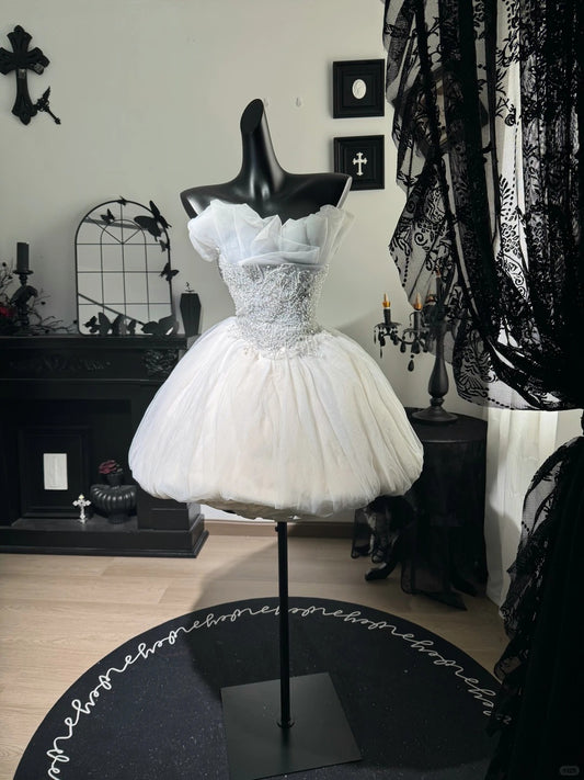 New Homecoming Dress Strapless Tulle Bead Sequins Back to School Outfits Party Dress D7572