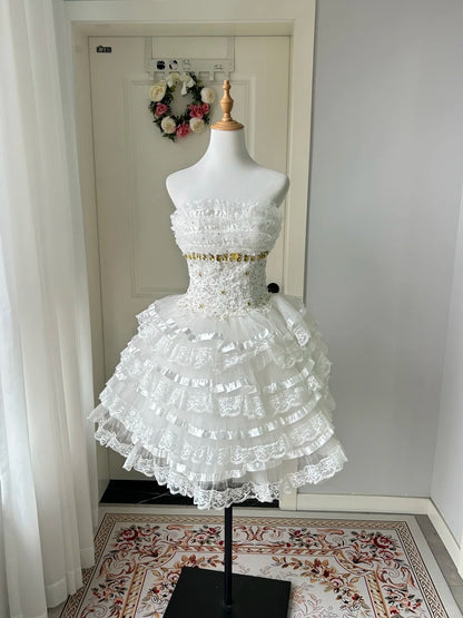 Chic Homecoming Dress Strapless Cascade Lace Back to School Outfits Party Dress  D6464