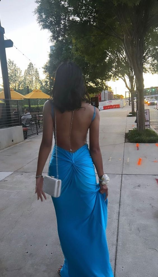 Blue Spaghetti Straps Backless Mermaid Long Prom Dress MD7541