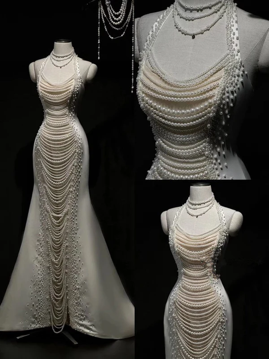 Gorgeous Off Shoulder Mermaid Pearls Chic Wedding Dresses Birthday Outfits, D1189