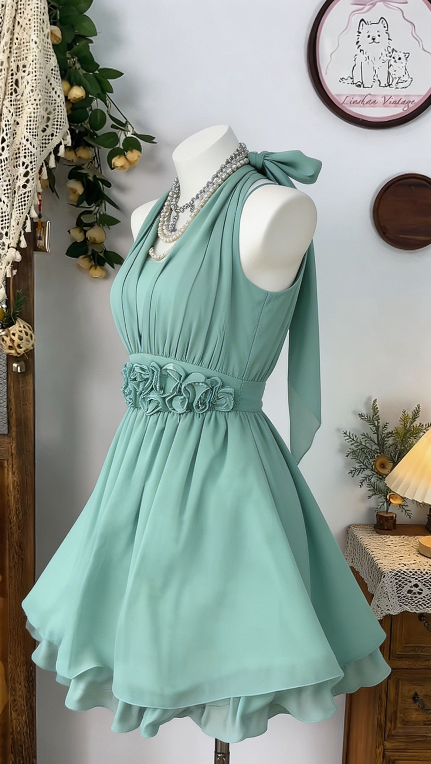Beauty Homecoming Dress Halter Pleated Flower Back to School Outfits Party Dress  D6537