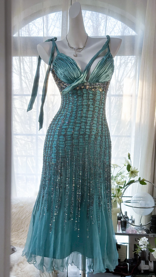 Elegant Blue Sparkling Beaded Spaghetti Strap V-neck Romantic Chiffon Evening Dress Prom Dresses D1463