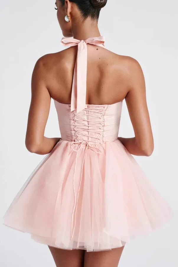 Charming Homecoming Dress Halter Bowknot Tulle Back to School Outfits Party Dress  D7333