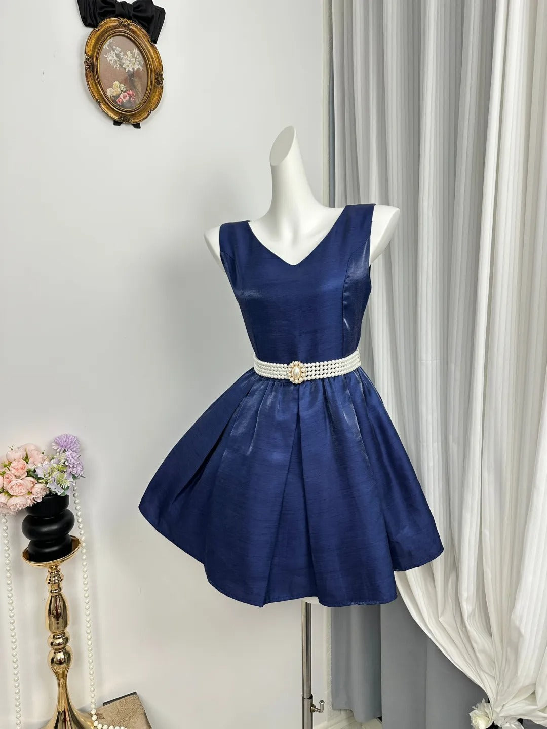New Homecoming Dress V Neck Pearl Pleated Back to School Outfits Party Dress D6941