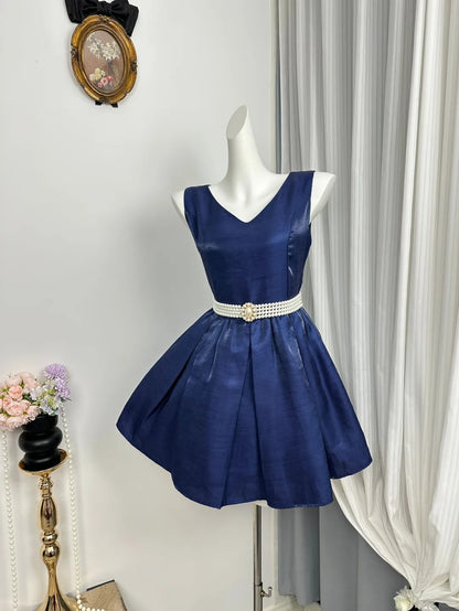 New Homecoming Dress V Neck Pearl Pleated Back to School Outfits Party Dress D6941