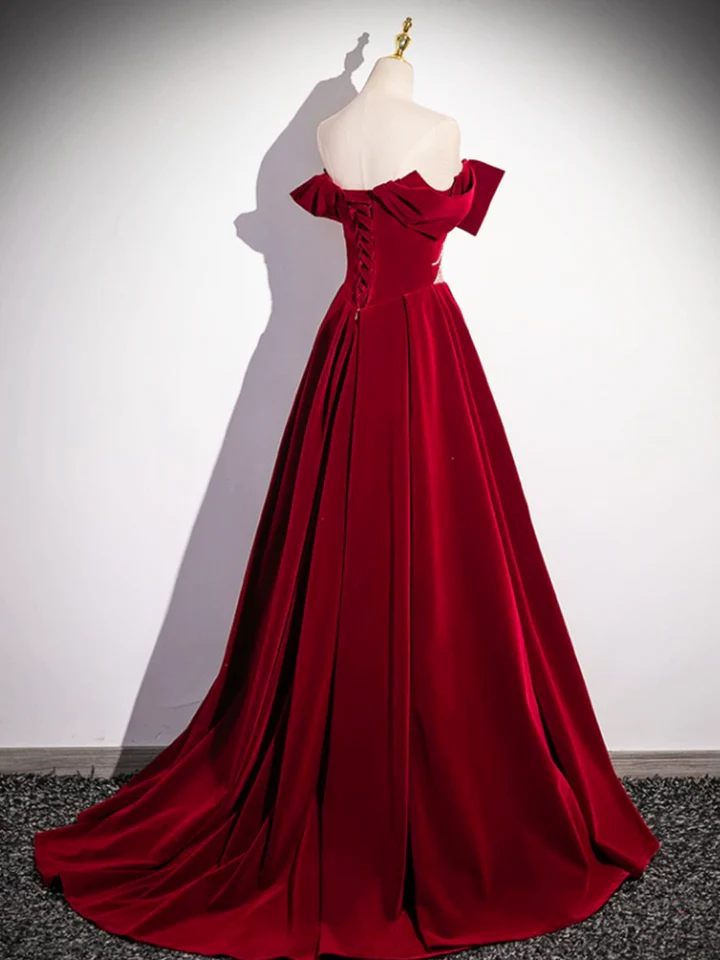 Red Velvet Sequins Long Prom Dress Elegant Off the Shoulder A-Line Formal Dress MD7182