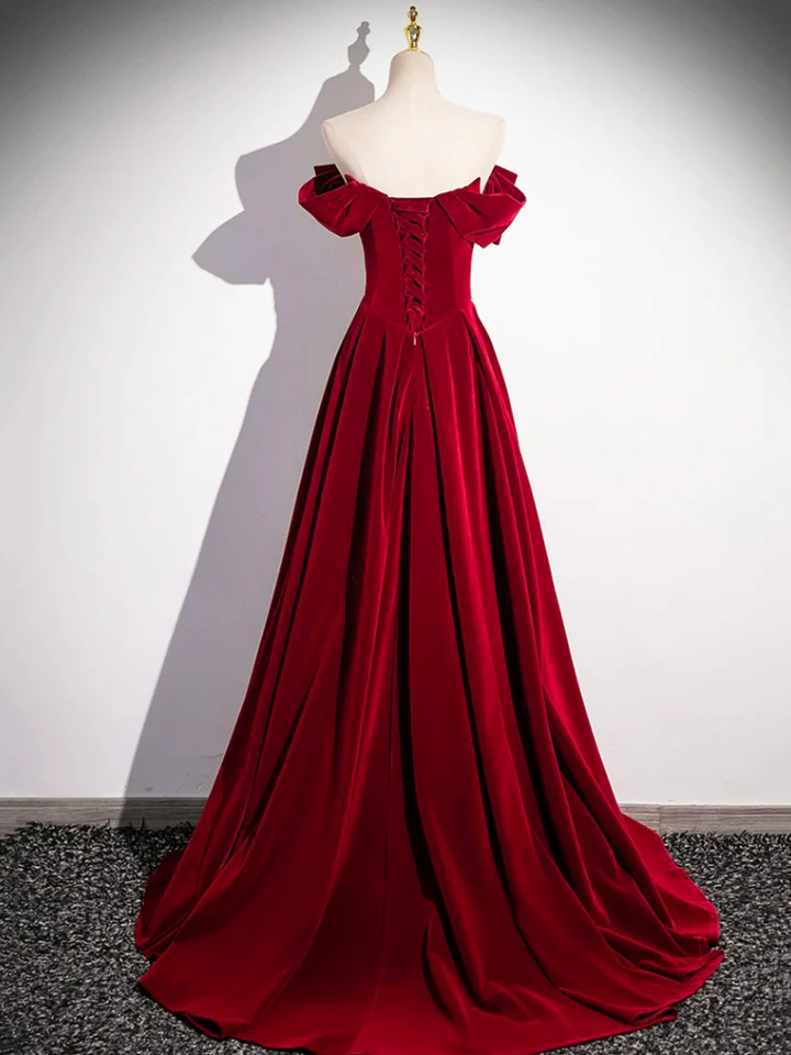 Red Velvet Sequins Long Prom Dress Elegant Off the Shoulder A-Line Formal Dress MD7182