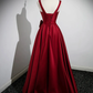 Red Satin Long Prom Dress with Flowers Elegant A-Line Enening Gown MD7183