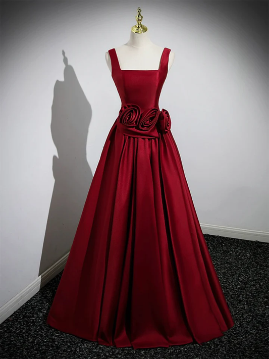 Red Satin Long Prom Dress with Flowers Elegant A-Line Enening Gown MD7183