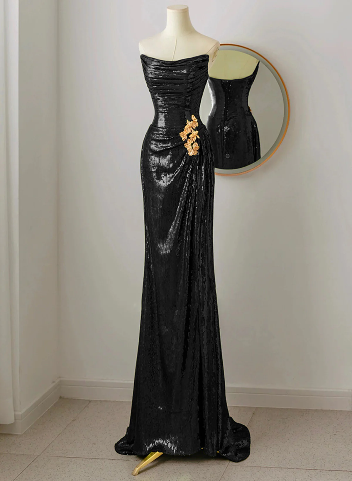 Black Scoop Neck Mermaid Long Prom Dress Sequins Evening Dress MD7209