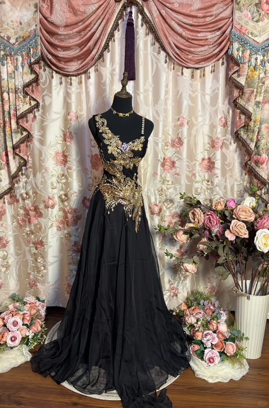 Black Straps A-Line Chiffon Appliques Vintage Long Party Dresses Evening Gowns, D1116