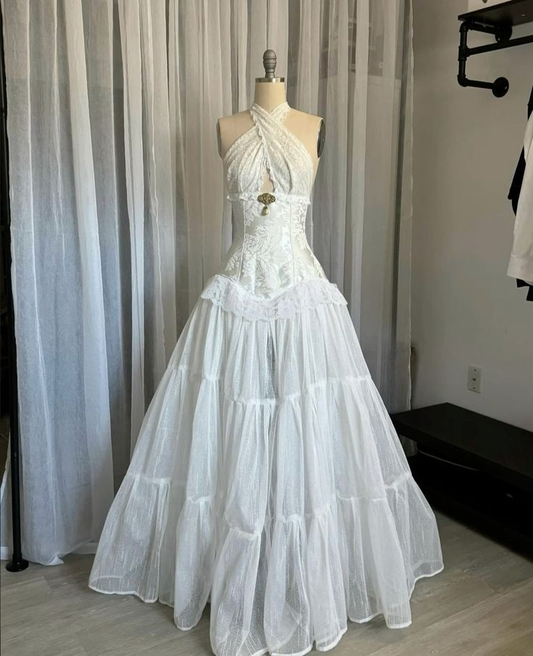White Halter Neck A-Line Lace Vintage Wedding Dress Long Party Dresses, D848