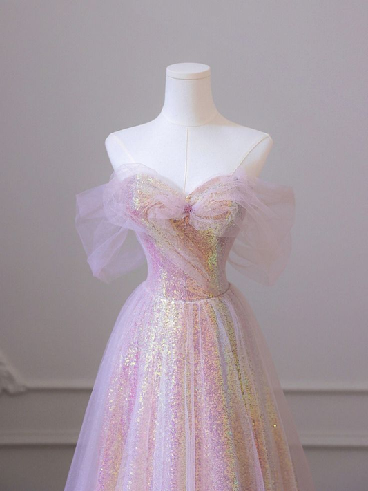 Lovely Pink Off Shoulder A-Line Sequins Long Formal Party Dress MD7369