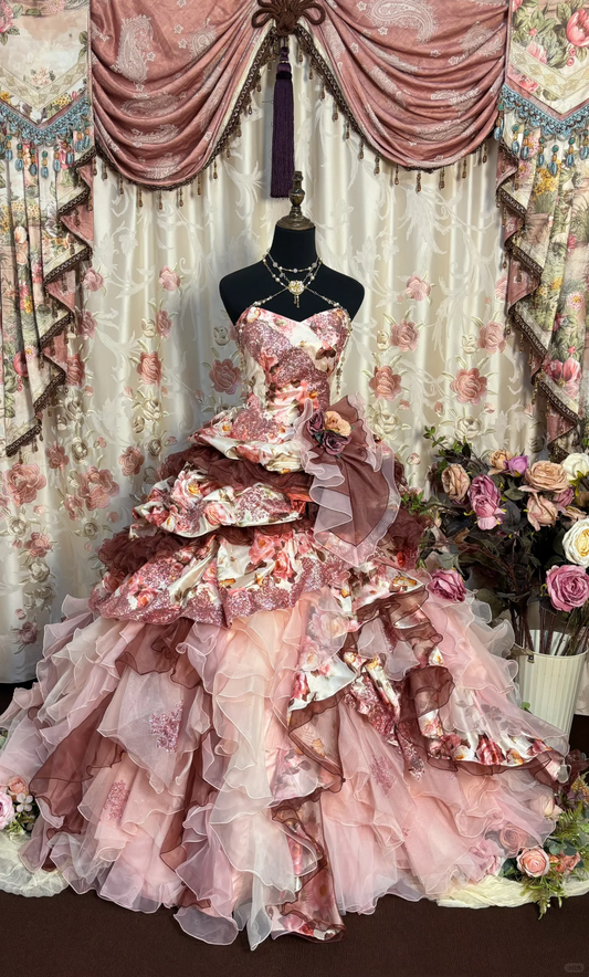 Retro Strapless A-Line Printed Floral Quinceanera Dress Birthday Ball Gown, D840