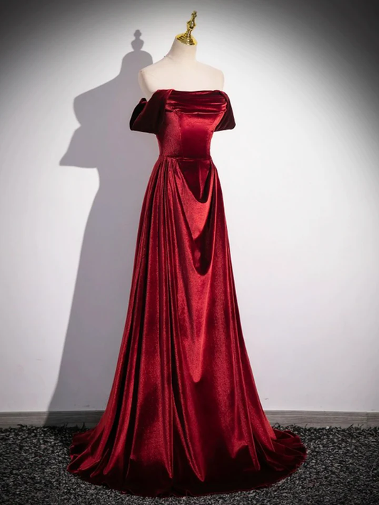 Burgundy Velvet Elegant A-Line Off Shoulder Formal Party Dress MD7184