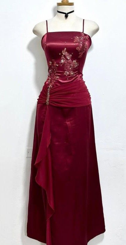 Wine Red Straps Sheath Satin Long Party Dress Vintage Evening Dress, D738