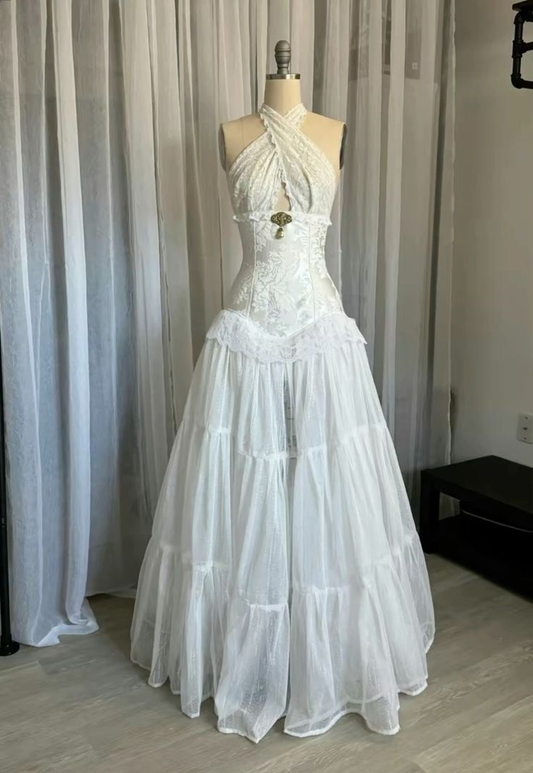 White Halter Neck A-Line Lace Vintage Wedding Dress Long Party Dresses, D848