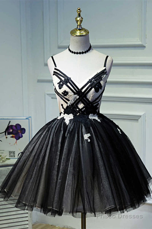 Unique Homecoming Dress Spaghetti Strap V Neck Tulle Applique Back to School Outfits Party Dress  D7705