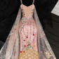 Chic Spaghetti Strap Pleated Embroidery Tulle Stole Long Party Dress Prom Gown Evening Dress D7405