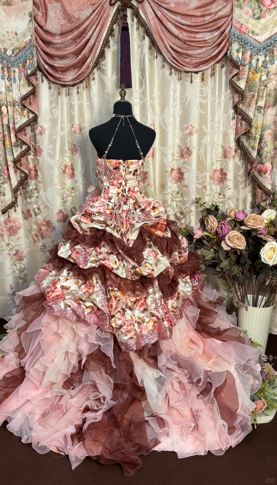 Retro Strapless A-Line Printed Floral Quinceanera Dress Birthday Ball Gown, D840