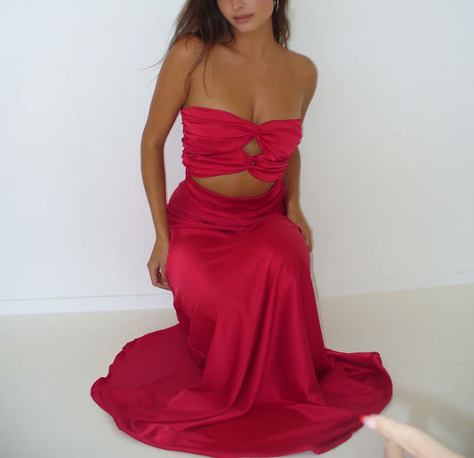 Pretty Red Strapless Sheath Satin Long Party Dress Birthday Outfits MD7608