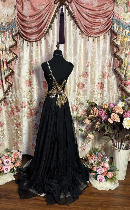 Black Straps A-Line Chiffon Appliques Vintage Long Party Dresses Evening Gowns, D1116