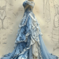 Blue Off Shoulder A-Line Tiered Beading Long Party Dress Formal Evening Gown, D427