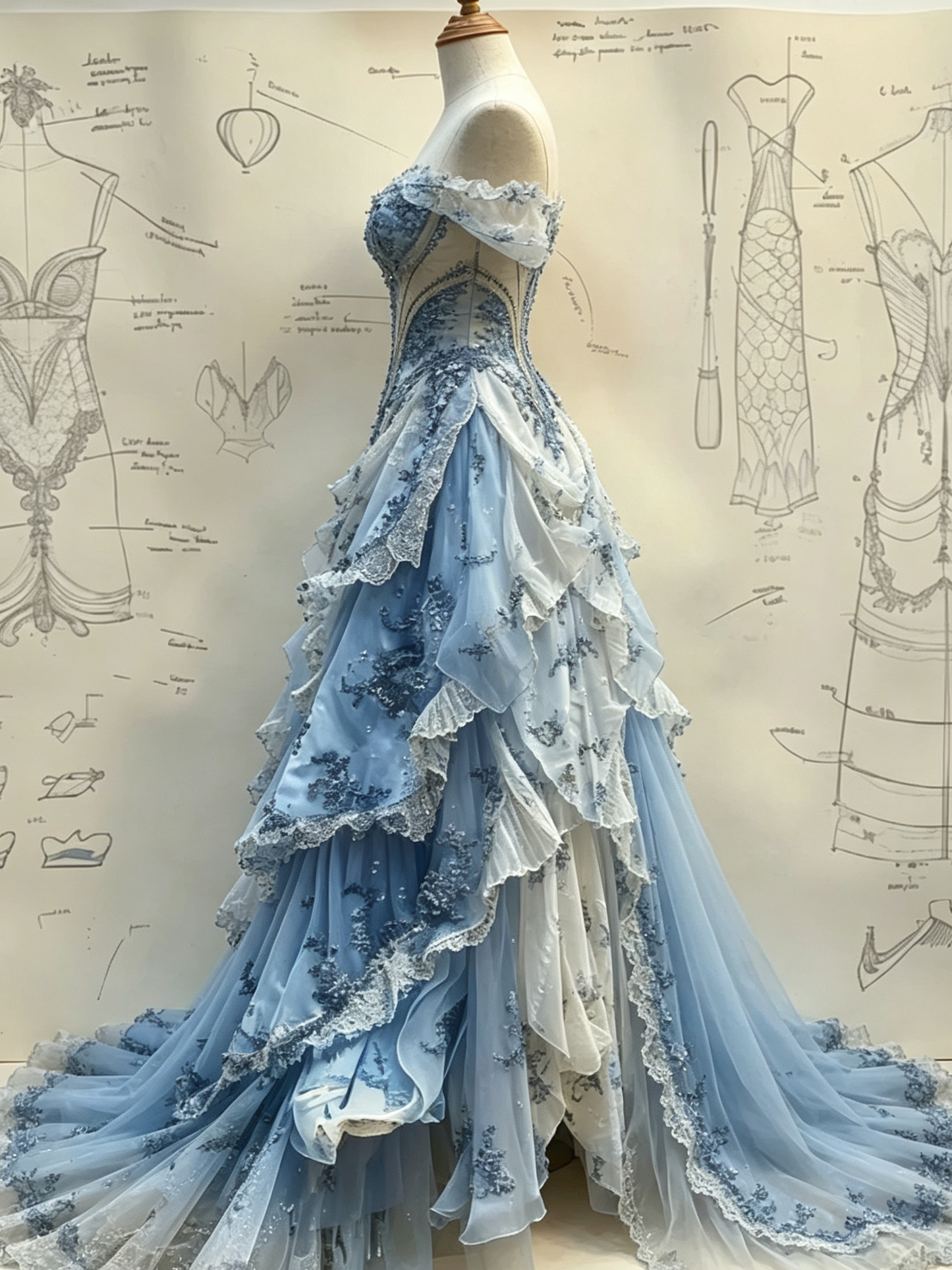 Blue Off Shoulder A-Line Tiered Beading Long Party Dress Formal Evening Gown, D427