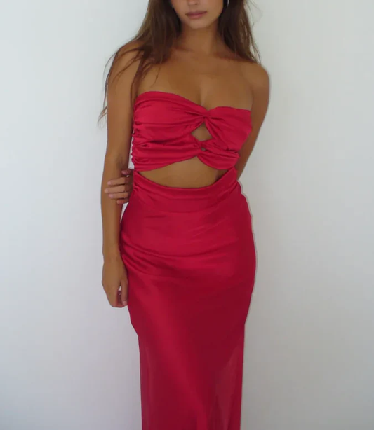 Pretty Red Strapless Sheath Satin Long Party Dress Birthday Outfits MD7608