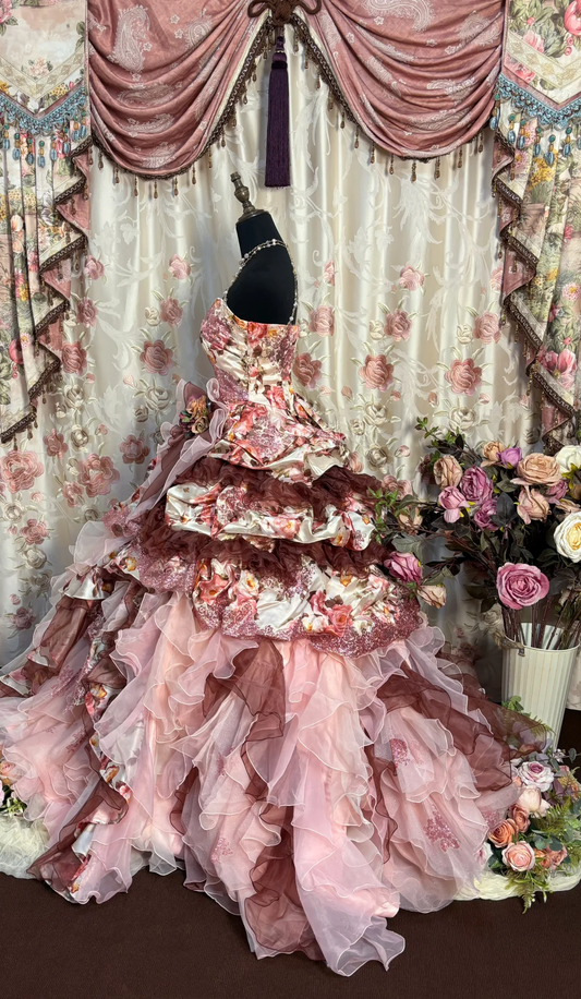 Retro Strapless A-Line Printed Floral Quinceanera Dress Birthday Ball Gown, D840