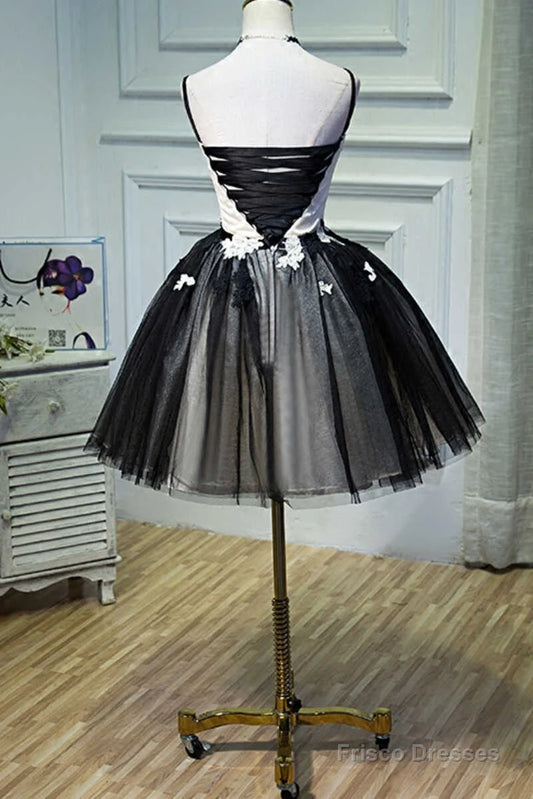 Unique Homecoming Dress Spaghetti Strap V Neck Tulle Applique Back to School Outfits Party Dress  D7705