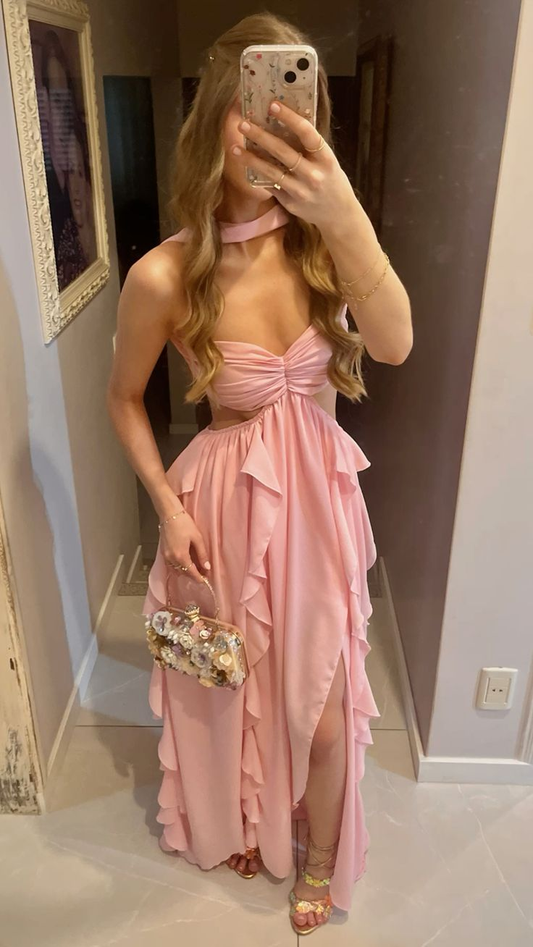 Sexy Pink A-Line Backless Ruffles Long Party Dress Wedding Guest Dress, D912