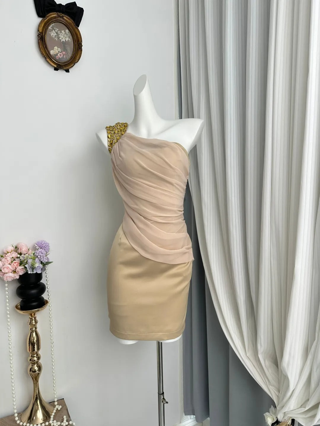 New Homecoming Dress One Shoulder Pleated Rinestone Two Pieces Back to School Outfits Party Dress D6940