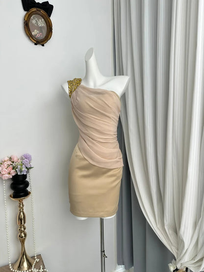 New Homecoming Dress One Shoulder Pleated Rinestone Two Pieces Back to School Outfits Party Dress D6940