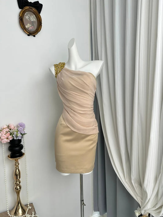 New Homecoming Dress One Shoulder Pleated Rinestone Two Pieces Back to School Outfits Party Dress D6940