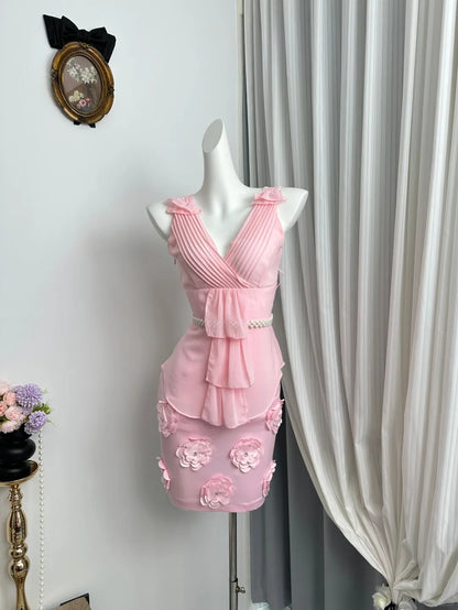 New Homecoming Dress V Neck Pearl Pleated Flower Back to School Outfits Party Dress D6944