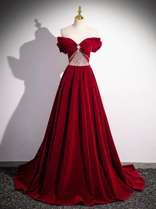 Red Velvet Sequins Long Prom Dress Elegant Off the Shoulder A-Line Formal Dress MD7182