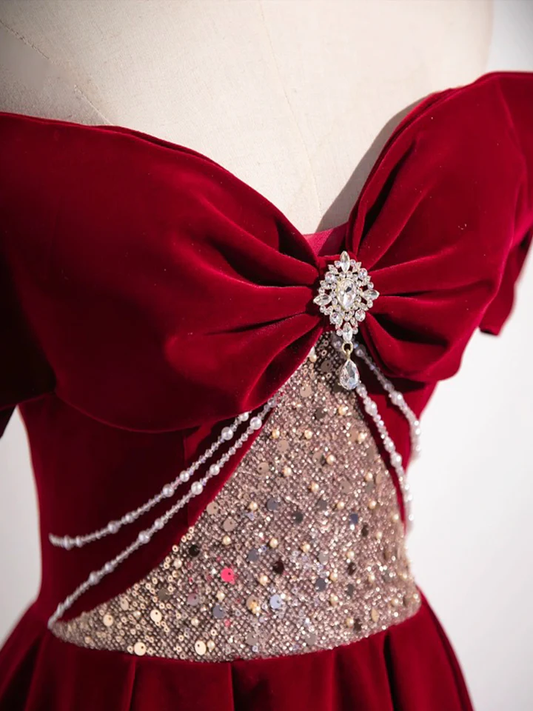 Red Velvet Sequins Long Prom Dress Elegant Off the Shoulder A-Line Formal Dress MD7182