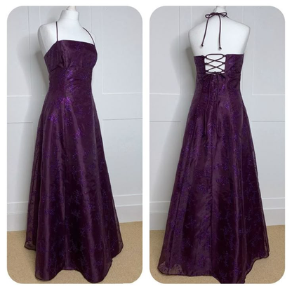 Dunkelviolettes Neckholder-A-Linien-Langform-Ballkleid, Vintage-Partykleid, D900