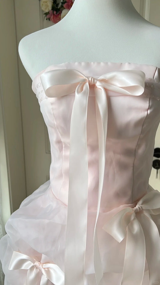 Sweet Homecoming Dress Strapless Tulle Bowknot Back to School Outfits Party Dress  D6461