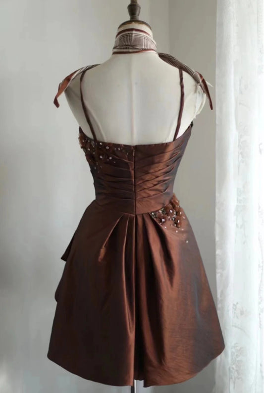 Vintage Brown Beading Design A-line Spaghetti Strap Party Dresses Homecoming Dresses, D1349