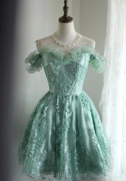 Vintage Green Appliqued Design A-line Off-the-shoulder Party Dresses Homecoming Dresses, D1348