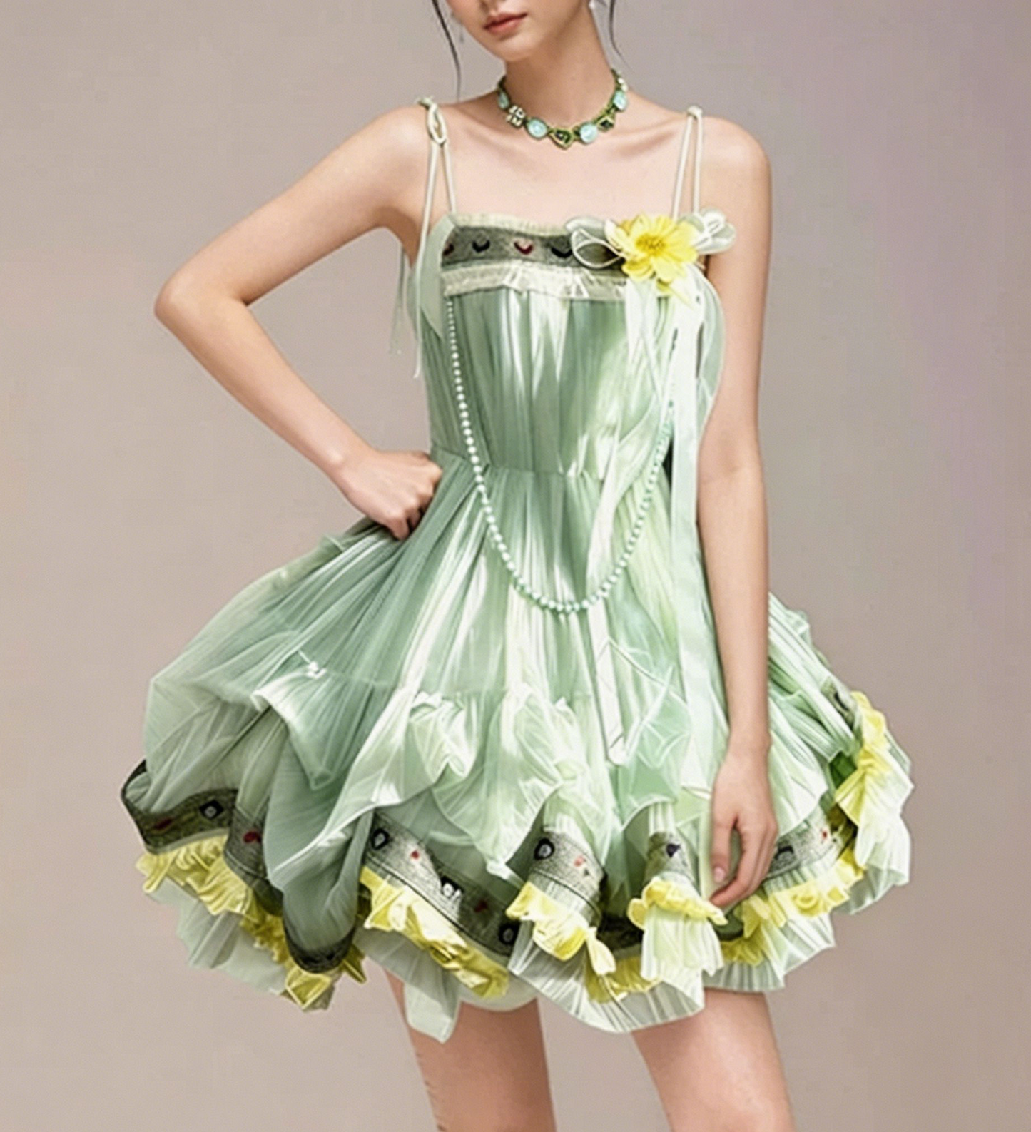 Charming Homecoming Dress Spaghetti Strap Flower Bowknot Pearl Flouncing Cascade Back to School Outfits Party Dress  D7375