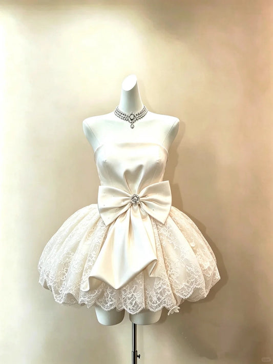 New Homecoming Dress Strapless Rinestone Lace Flower Bowknot Back to School Outfits Party Dress Birthday Dress D7537